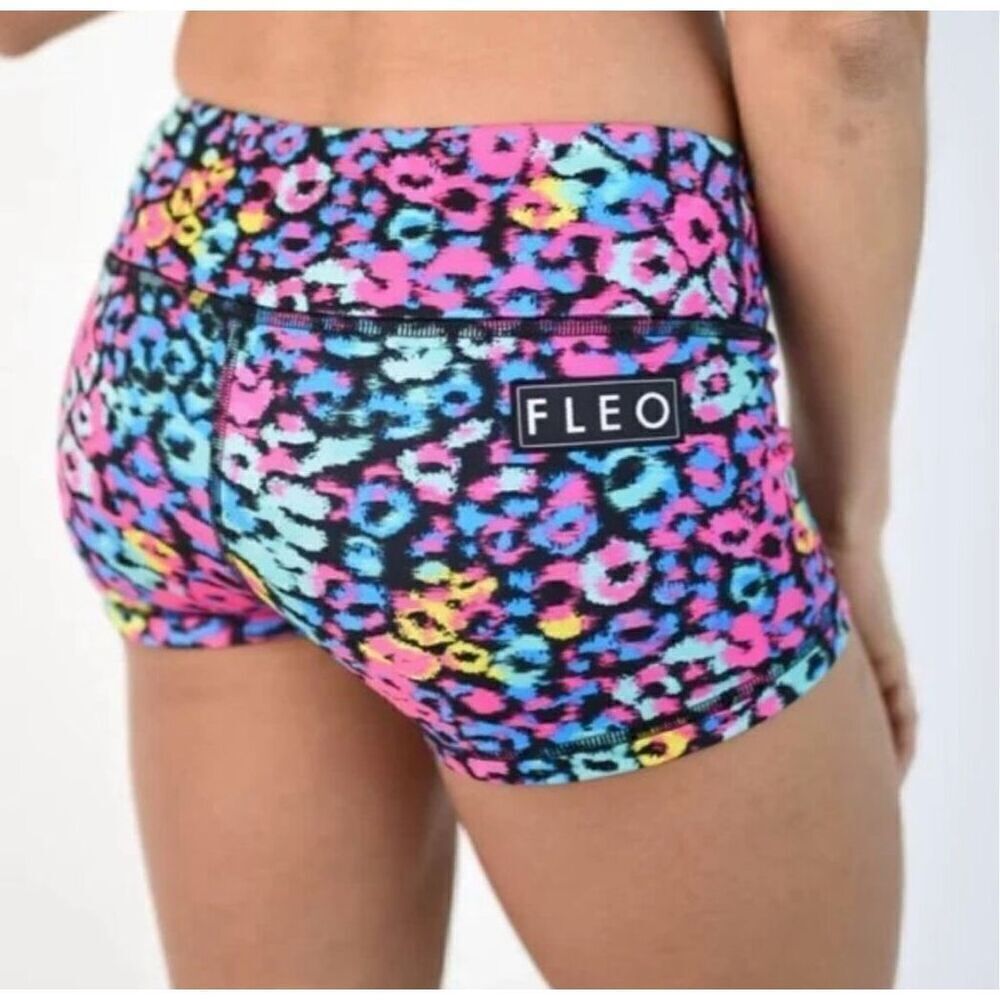 Fleo Miami Rainbow Leopard-Print Stretch Athletic Shorts Women's Size Small EUC